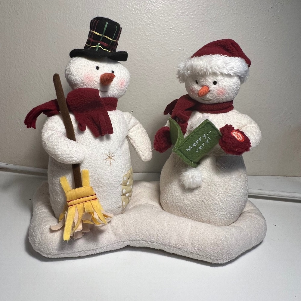 Vintage Hallmark Musical Snowman Duo White Red Plaid Hat Broom Singing Decor - Picture 1 of 6